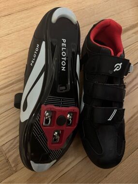 Peloton Black Cycling Shoes with Red Interior and White Accents